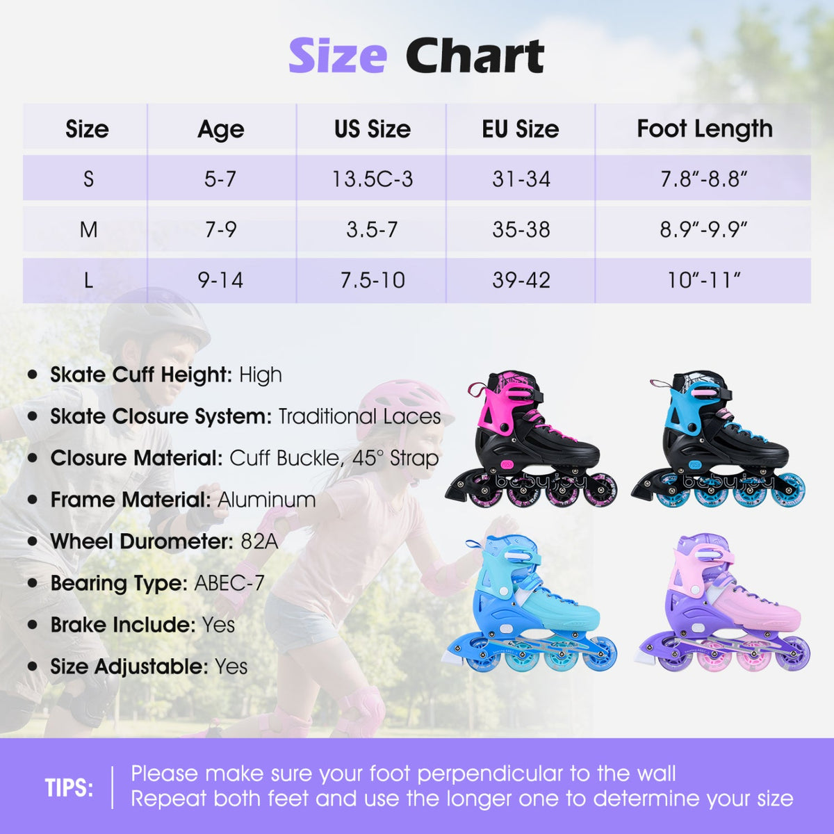 4-Size Adjustable Light-Up Kids Inline Skates for Kids Ages 9-14