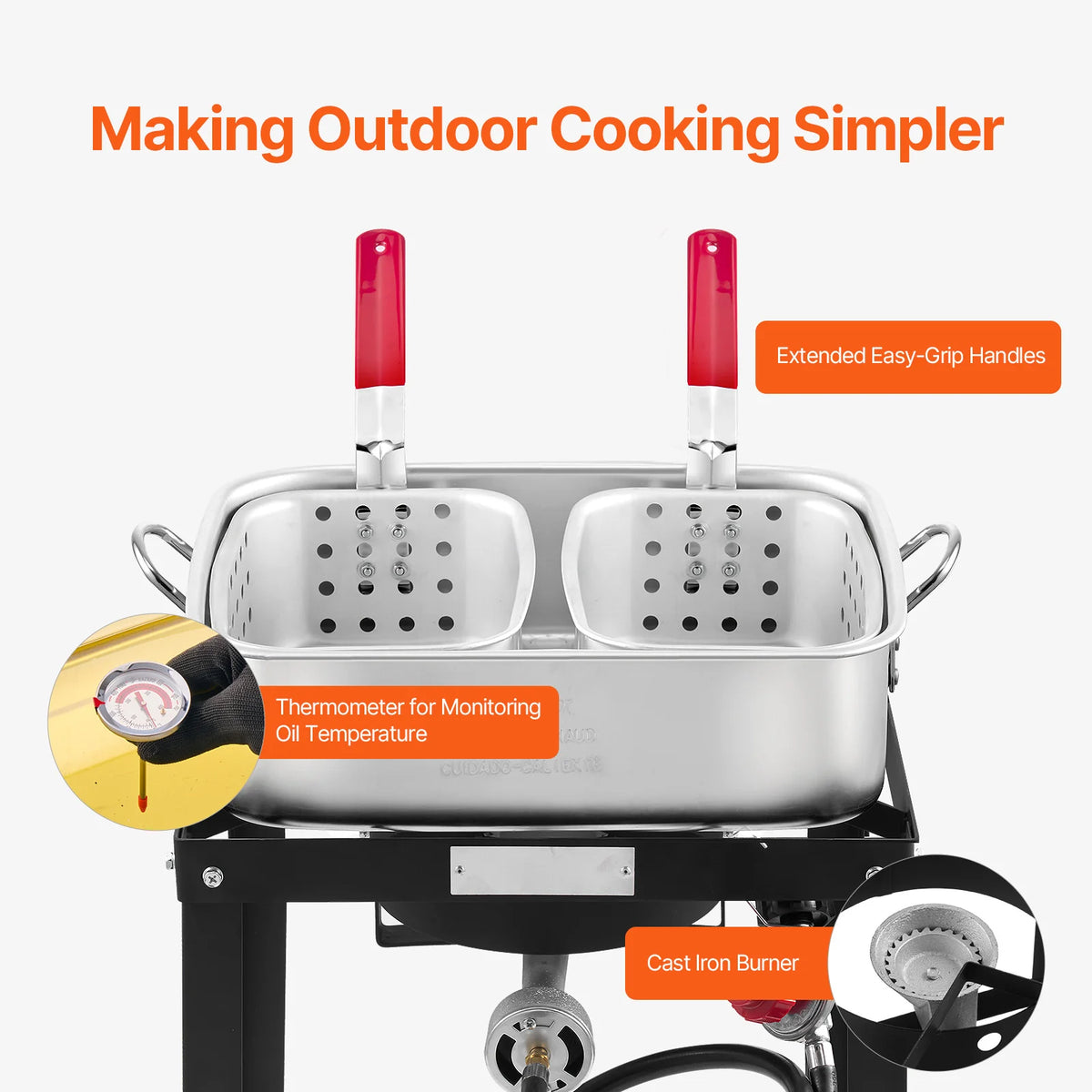 18 Qt Fish and Wing Fryer with Double Basket, Aluminum Propane Fish Fryer Kit, Outdoor Deep Fryer Seafood Pot with Thermometer and 58, 000 Btus Propane Burners, for Outdoor and Backyard Cooking