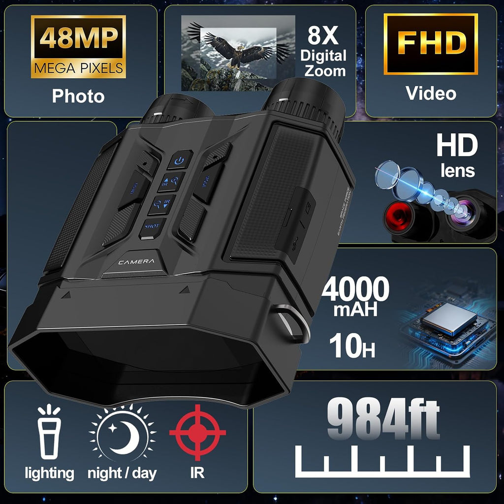 Night Vision Goggles 8X Digital Zoom, 300M Night Vision Binoculars with 7-Level IR, 32GB Card & LED Flashlight, Gifts for Men, Dad, Husband, Boyfriend for Camping and Birdwatching