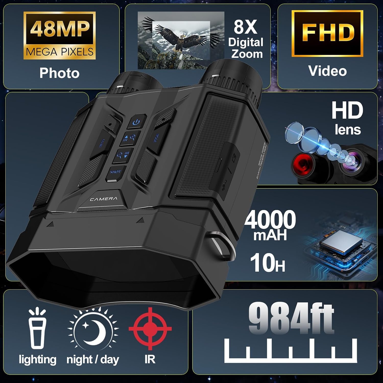 Night Vision Goggles 8X Digital Zoom, 300M Night Vision Binoculars with 7-Level IR, 32GB Card & LED Flashlight, Gifts for Men, Dad, Husband, Boyfriend for Camping and Birdwatching