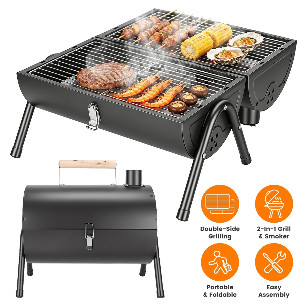 Portable Charcoal Grill Foldable BBQ Grill with Double-Sided Cooking Design, Chimney Vent, 10 Stainless Steel Skewers Carry Handle Outdoor Barbecue Grill for Camping Picnic Beach