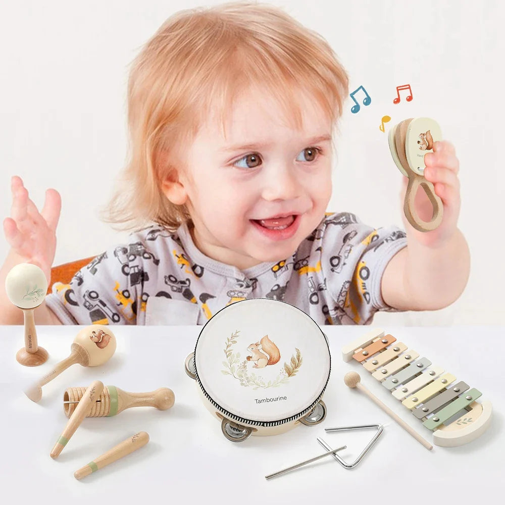 Toddler Musical Instruments Montessori Natural Wooden Percussion Instruments for Kids Preschool Educational Musical Toys Set for Boys and Girls with Storage Bag