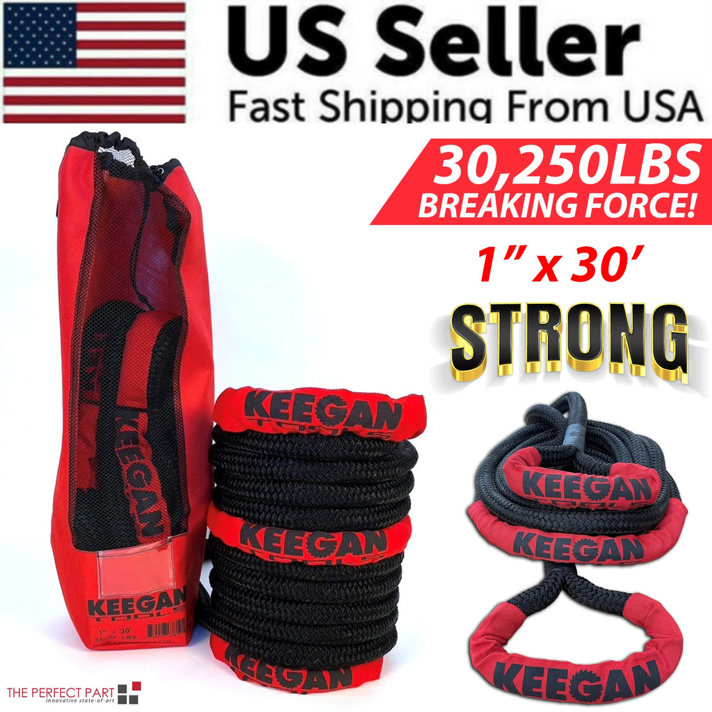 KEEGAN TOOLS 1.25"X30' Kinetic Energy Recovery Rope 46000 Lbs Tow Rope Carry Bag