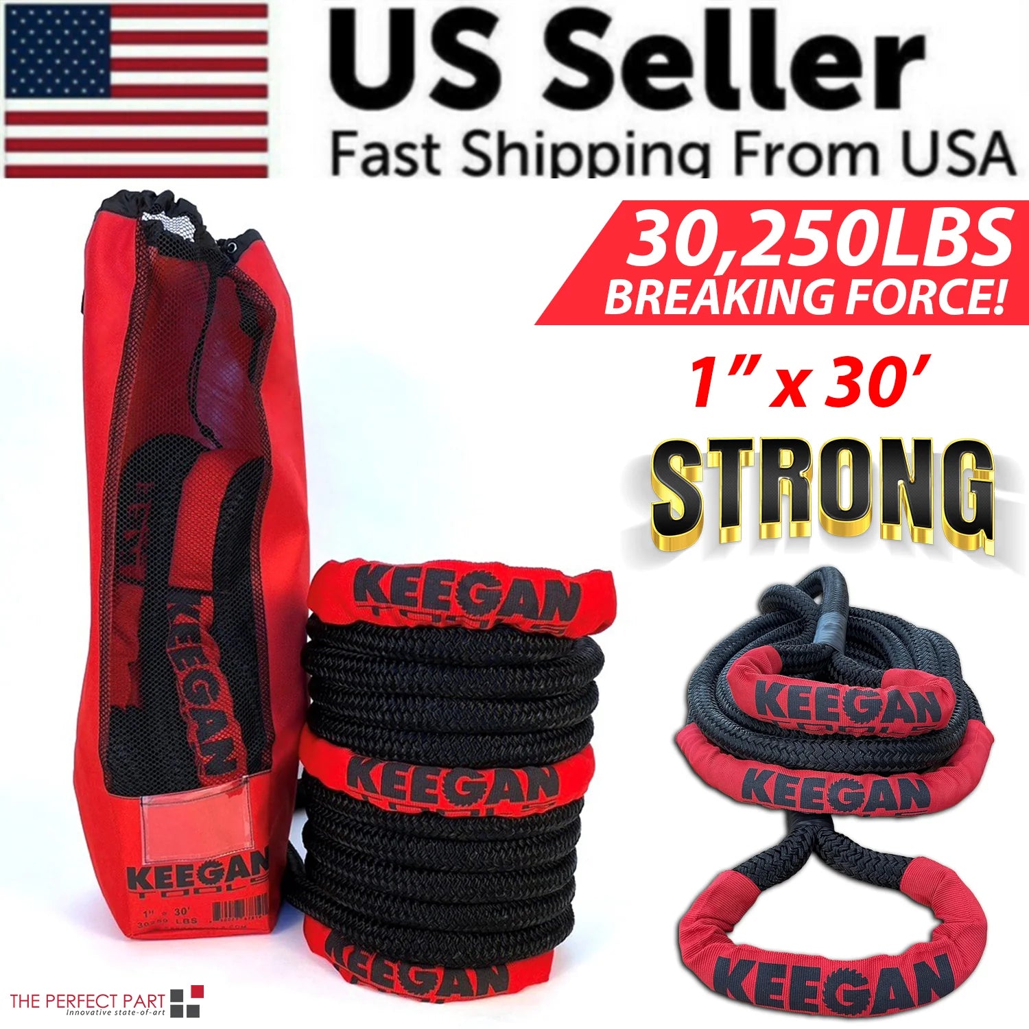 KEEGAN TOOLS 1.25"X30' Kinetic Energy Recovery Rope 46000 Lbs Tow Rope Carry Bag
