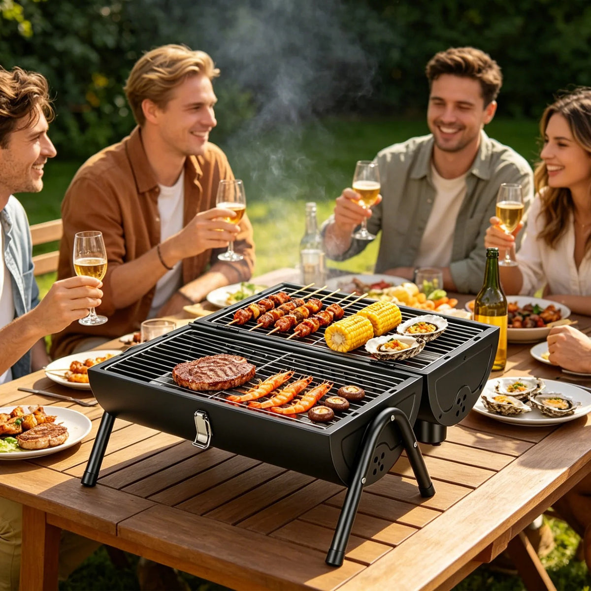 Portable Charcoal Grill Foldable BBQ Grill with Double-Sided Cooking Design, Chimney Vent, 10 Stainless Steel Skewers Carry Handle Outdoor Barbecue Grill for Camping Picnic Beach