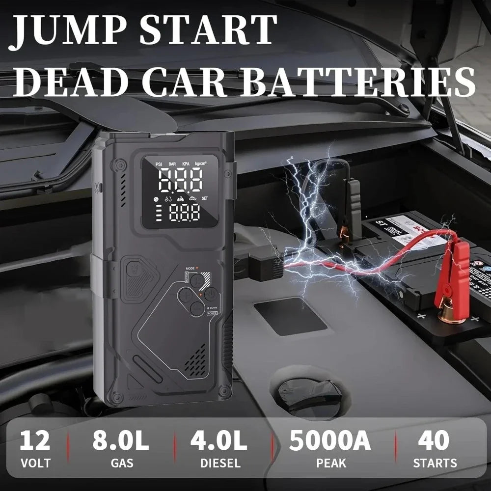 6 in 1 Jump Starter with Air Pump Peak 5000A Booster 150PSI Tire Inflator 8L Gas/4L Diesel with DC Power Cord 400LM Flashlight