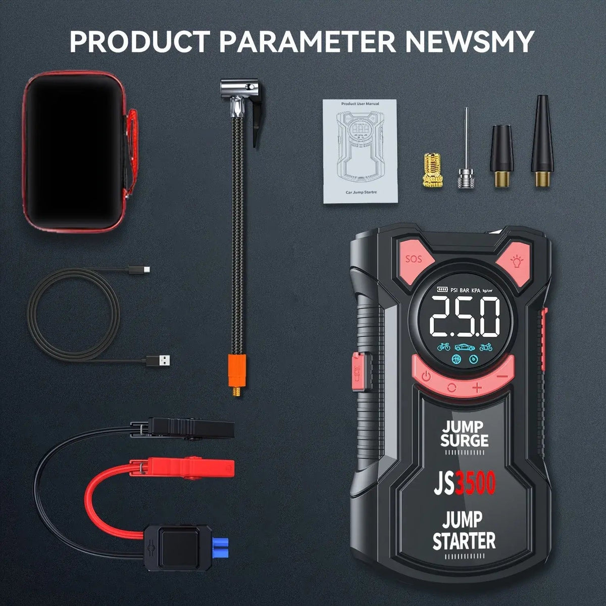 5-In-1 Multifunctional Air Pump Jump Starter with Air Compressor 3000A Peak/150Psi Battery Jump Starter Digital Tire Inflator