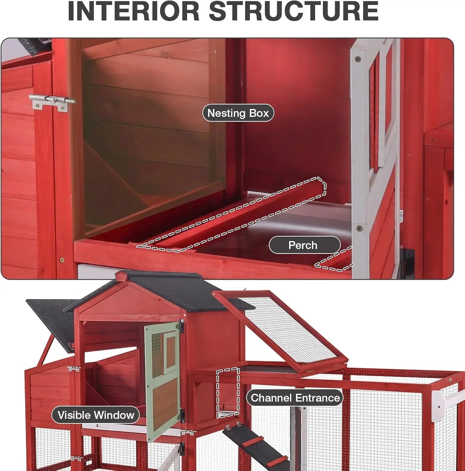 Chicken Coop for Outdoor - Poultry Cage with Wheels, Nesting Box, Leakproof Pull-On Tray, and Asphalt Waterproof Roof - Red