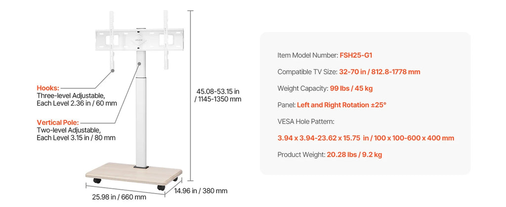 Succebuy Rolling TV Stand Mobile TV Cart Suit for Various Sizes TV Portable TV Stand with Wheels for Living Room Bedroom Office