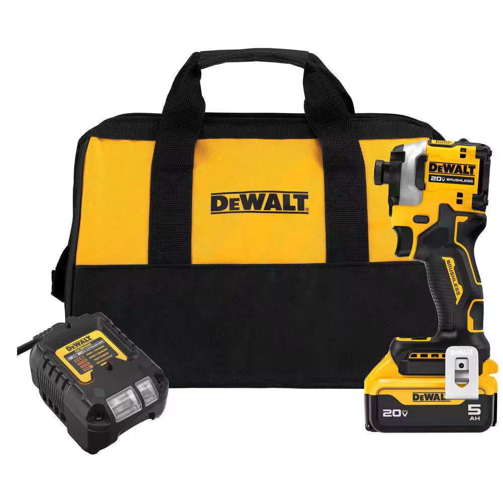 ATOMIC 20V MAX Lithium-Ion Cordless 1/4 In. Brushless Impact Driver Kit, 5 Ah Battery, Charger, and Bag