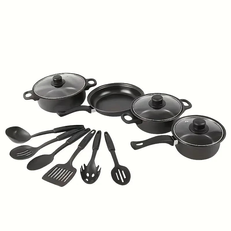 13-Piece Nonstick Cookware Set Black - Induction Compatible Pot Pan Set with Frying Pan & Utensils for Kitchen & Camping