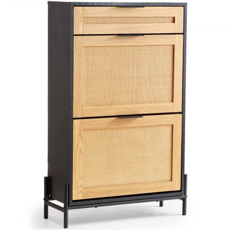 Rattan Shoe Cabinet, Narrow Shoe Storage Organizer with 2 Flip Rattan Drawers & 1 Slide Drawer, Metal Legs, Slim Shoe Entryway Cabinet Ideal for Entryway, Closet, Hallway, Black