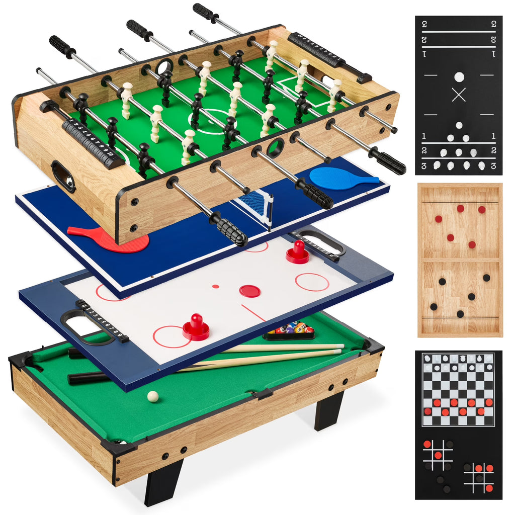 11-In-1 Kids Combo Game Set W/ Ping Pong, Foosball, Air Hockey, 5 Accessory Bags - Light Wood