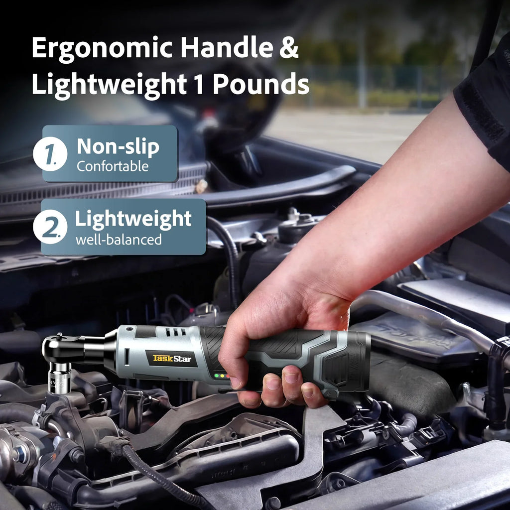 Taskstar Cordless Ratchet Wrench Kit 3/8-Inch Ratchet 40N.M(Max) Electric Power Angle Wrench with Variable Speed Trigger 0-200 RPM, Handheld Car Disassembly Tool with 2 Packs 2000Mah Lithium-Ion Battery&1 Charger&7 Sockets