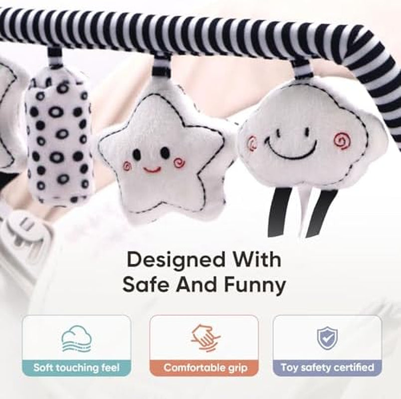 Baby Bouncer Toy Bar Soft with 4 Hanging Sensory Toys Attachment, Compatible with Baby Bjorn Bouncer, with Mirror, Rattle, Crinkle Sound for Babies All Ages (Black and White Shapes)