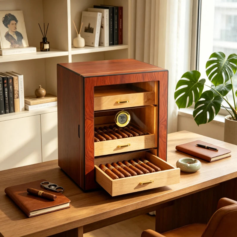 100 Cigar Capacity Wooden Humidor with Digital Hygrometer Glass Door Temperature Humidity Control Storage Box for Home Bar Use