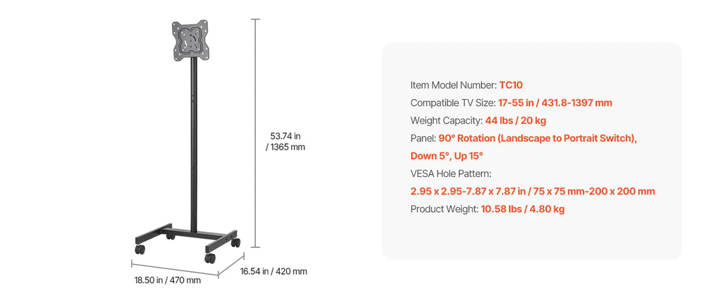 Succebuy Rolling TV Stand Mobile TV Cart Suit for Various Sizes TV Portable TV Stand with Wheels for Living Room Bedroom Office