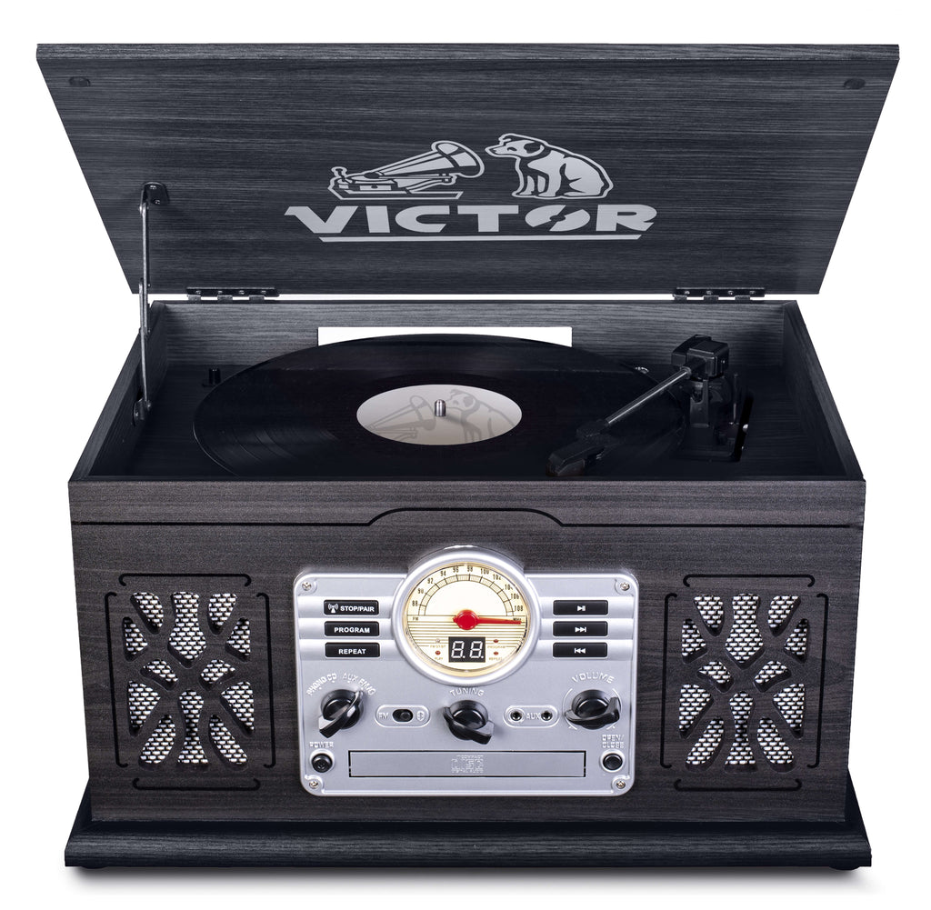 Victor State 7-In-1 Wood Music Center with 3-Speed Turntable and Dual Bluetooth