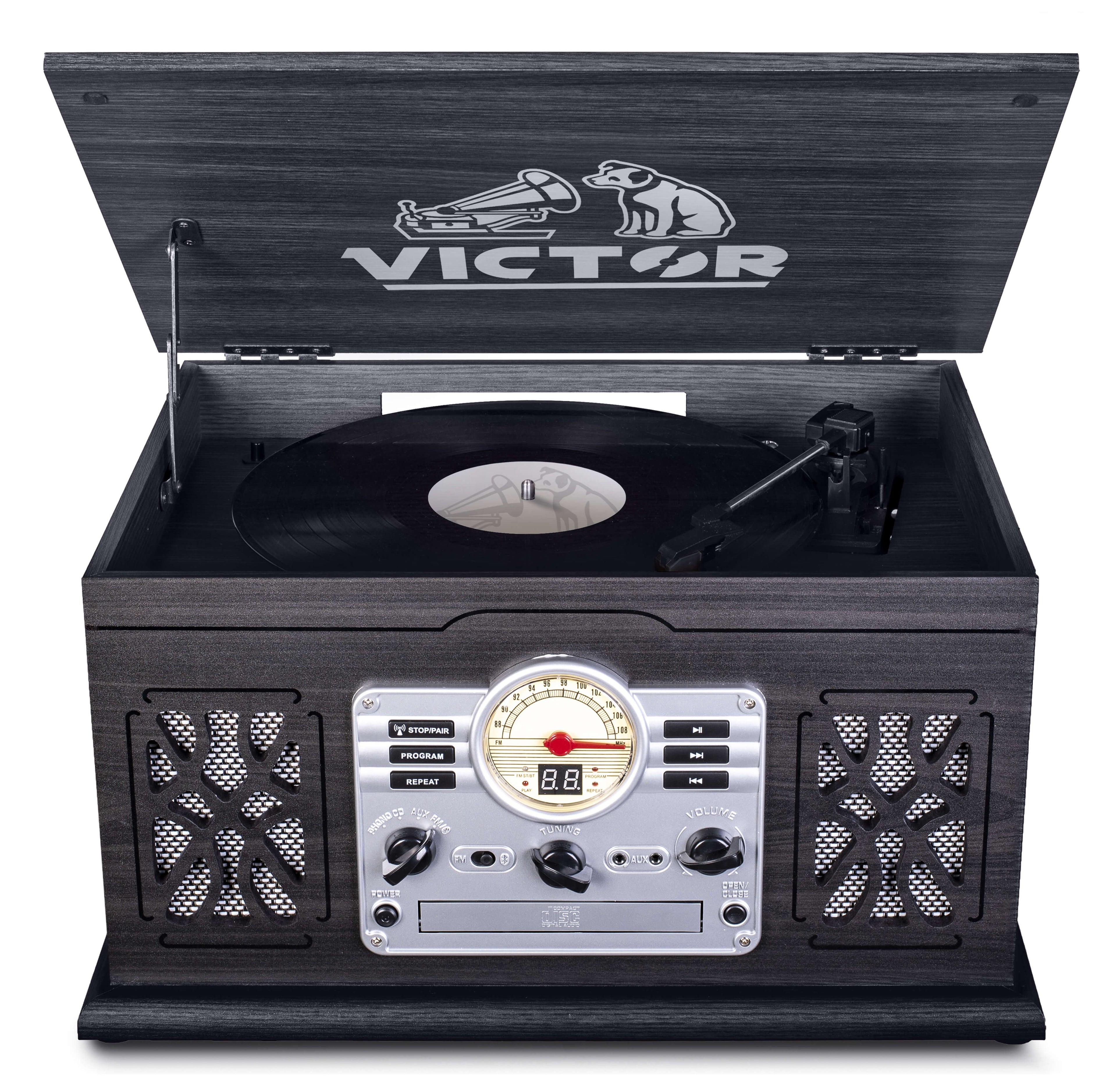 Victor State 7-In-1 Wood Music Center with 3-Speed Turntable and Dual Bluetooth