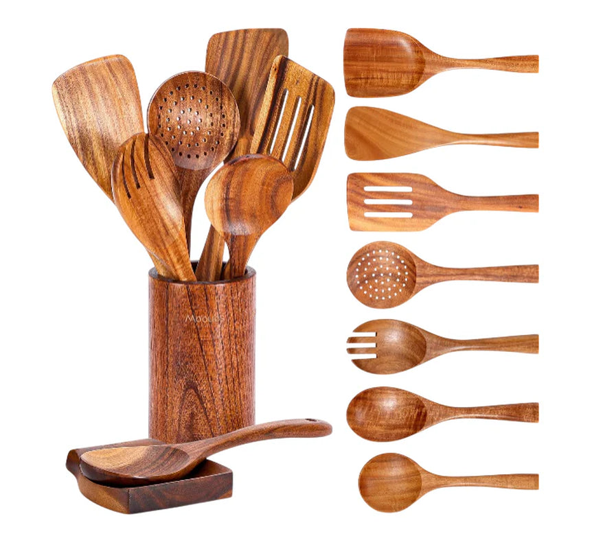 9 Piece Natural Teak Wooden Kitchen Utensil Set with Spoon Rest - Comfort Grip Cooking Spoons and Utensils Holder
