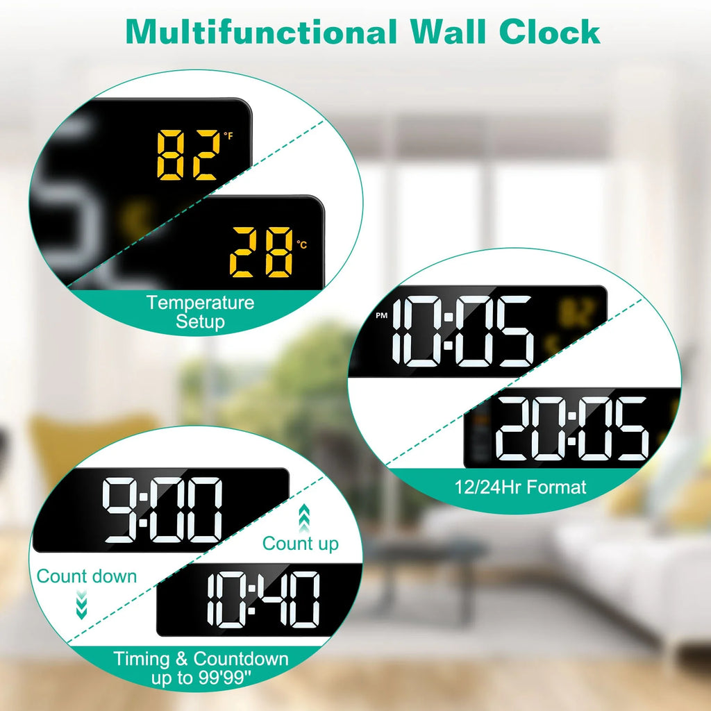 15.7In LED Digital Wall Clock with Remote Control for Home Gadget 10 Level Brightness 3 Alarm Settings 12-24Hr Format Timing Countdown Temperature Calendar Display Decorative Clock for Office Home