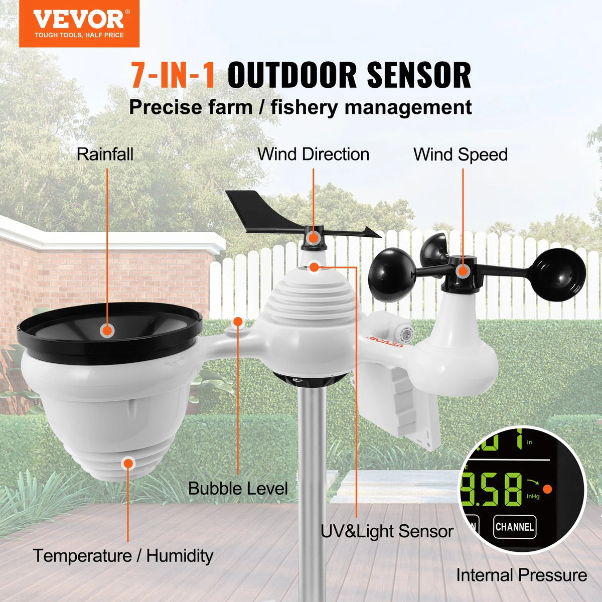 VEVOR 7-In-1 Wi-Fi Weather Station, 7.5 in Color Display, Home Weather Station Indoor Outdoor, with Solar Wireless Outdoor Sensor Alarm Alerts, for Temperature Humidity Wind Speed/Direction Rain