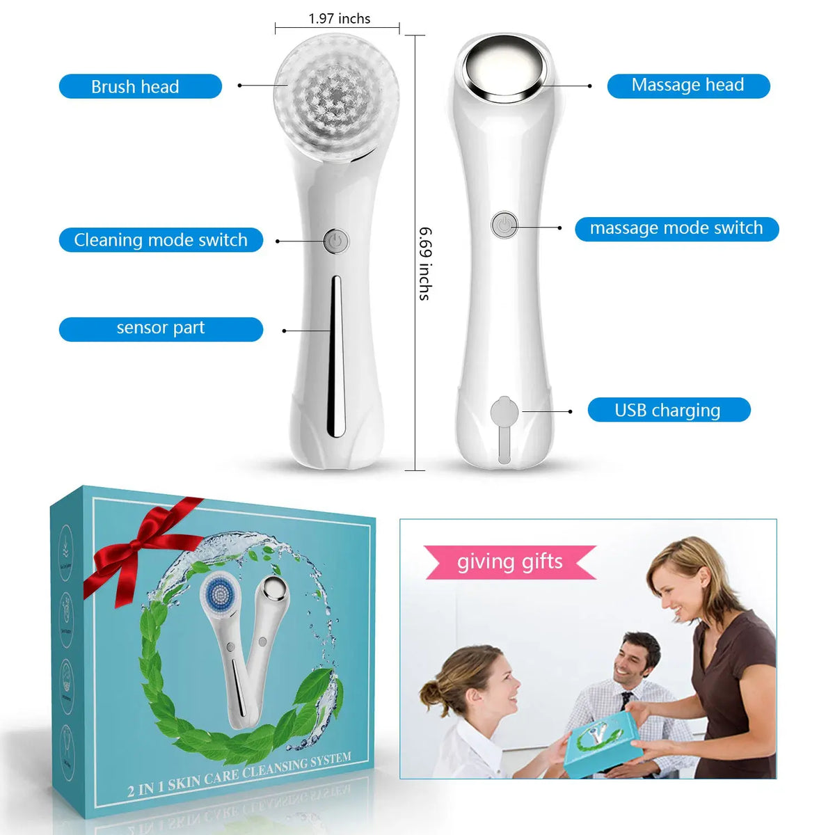 Facial Cleansing Brush, Brush for Exfoliating, IPX7 Waterproof 3 in 1 for Massaging, Deep Cleansing Rechargeable with 4 Brush Head Replacements, White
