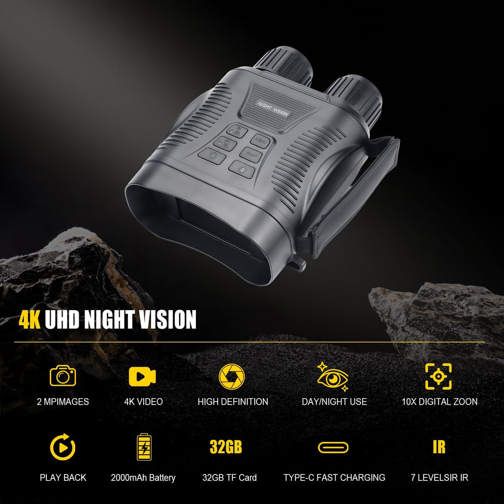 Night Vision Goggles - 4K Night Vision Binoculars for Adults Mit 32GB TFT Card 2700FT Ir/2000Mah, 2.8'' HD Screen, 7 Gear Infrared and 10X Digital Zoom for Outdoor Enthusiasts and Animal Watchers