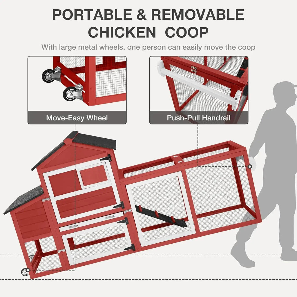 Chicken Coop for Outdoor - Poultry Cage with Wheels, Nesting Box, Leakproof Pull-On Tray, and Asphalt Waterproof Roof - Red