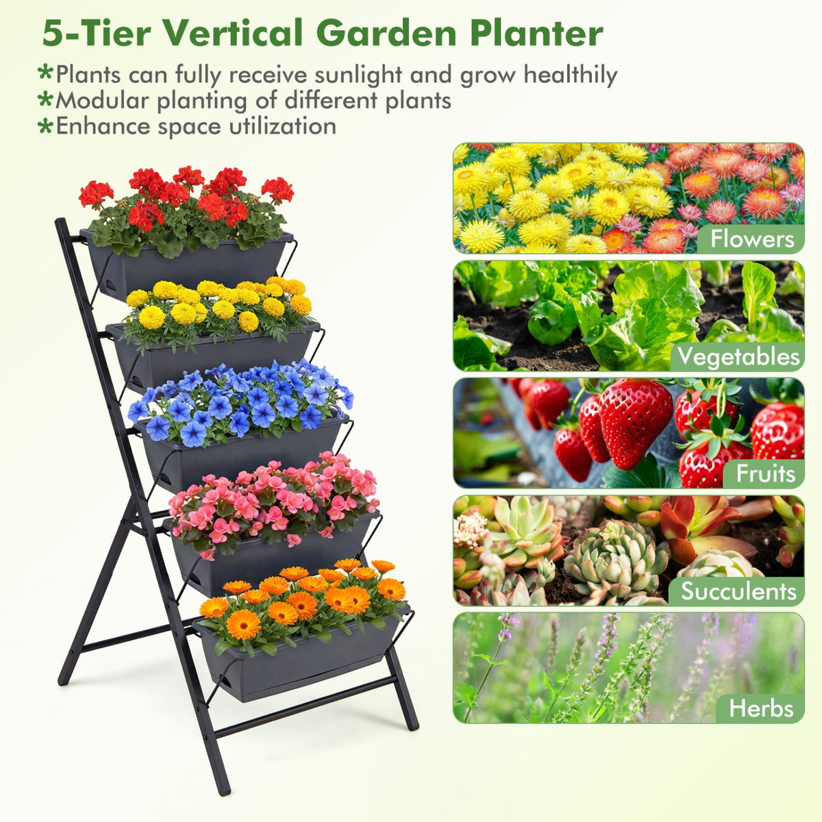 5-Tier Vertical Raised Garden Bed with Drainage System and Removable Trays for Vegetables