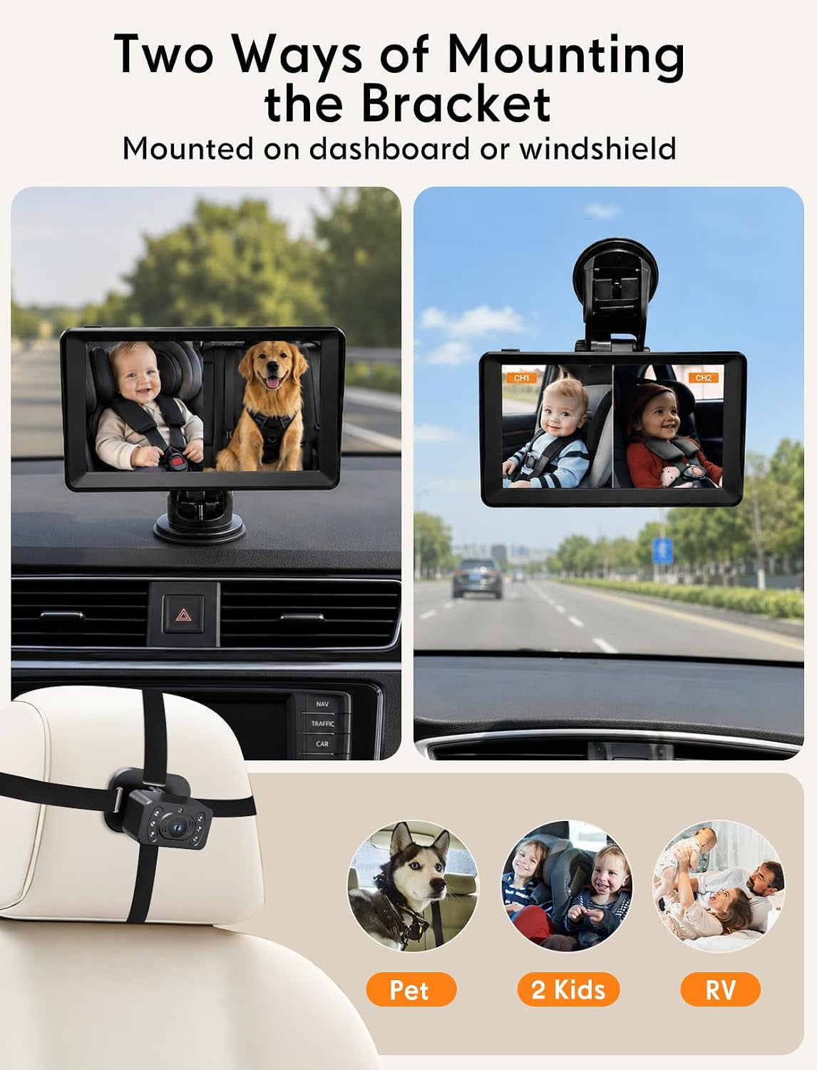 Split Screen Baby Car Camera for 2 Kids, 7 Inch HD 1080P Car Baby Monitor with Dual Backseat Cameras, 150° Wide View, 360°Rotation, Night Vision, Rear-Facing Infant Car Seat Mirror