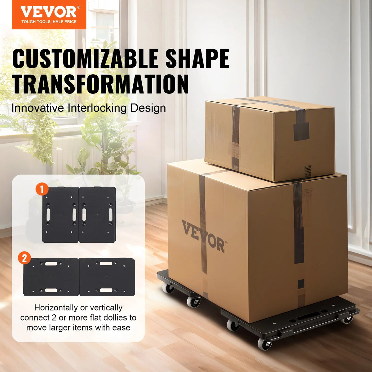 Furniture Dolly, 500 Lbs Capacity Each Count, Furniture Mover with Wheels, Portable Moving Rollers 4 Wheels Heavy Duty, Small Flat Dolly Cart with Interlocking for Heavy Furniture, 2 Pack, Black