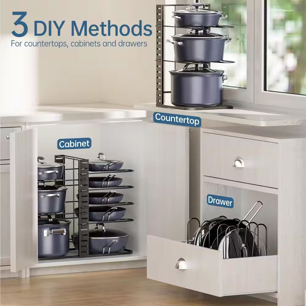 8-Tier 14.96 In. H Black Adjustable Standing Pot Rack, Pots and Pans Organizer, Kitchen Organizers and Storage