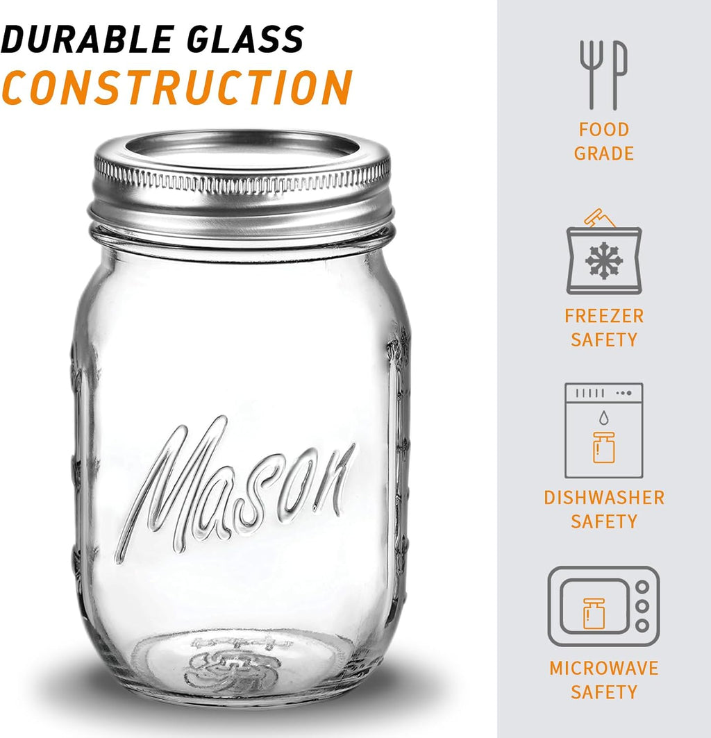 Classic 16 Oz Mason Jars, 6 Pack Canning Jars, Regular Mouth, Airtight & Leak Proof, Dishwasher Safe, Microwave & Freezer Safe, 3.2 X 4.5 X 5.5 Inches