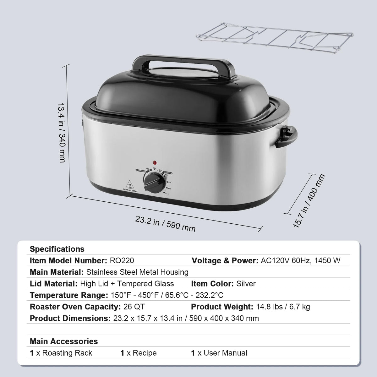 Electric Roaster Oven, 26 QT Turkey Roaster Oven with Self-Basting Lid, 1450W Roaster Oven with Defrost & Warm Function, Adjustable Temperature, Removable Pan & Rack, Fits Turkeys up to 30LBS