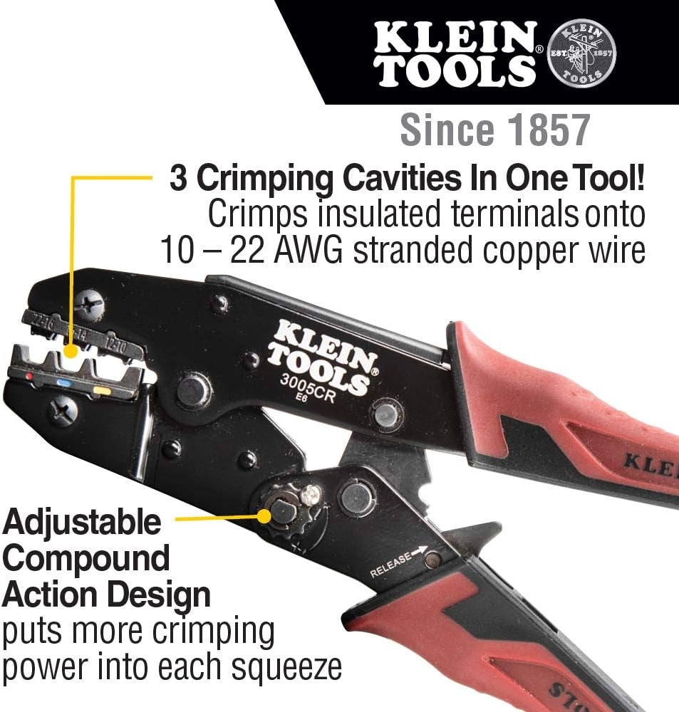 Klein Tools  Wire Crimper Tool, Ratcheting Insulated Terminal Crimper for 10 to 22 AWG Wire