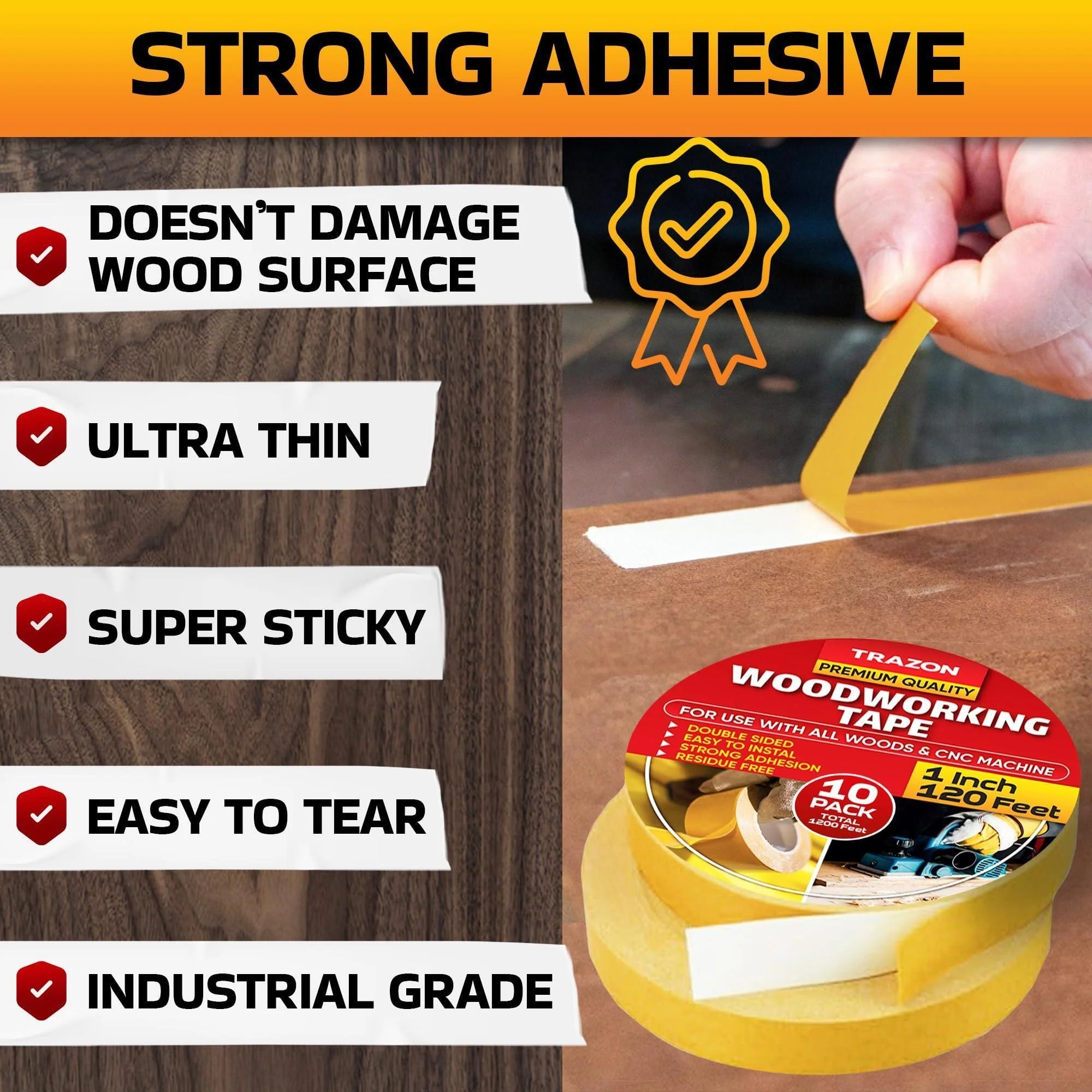 Double Sided Woodworking Tape 10 Pack 1 Inch X 120 Ft Wood Crafter Sticky Tool Two Side Adhesive for Router Templates Removable & Residue Free