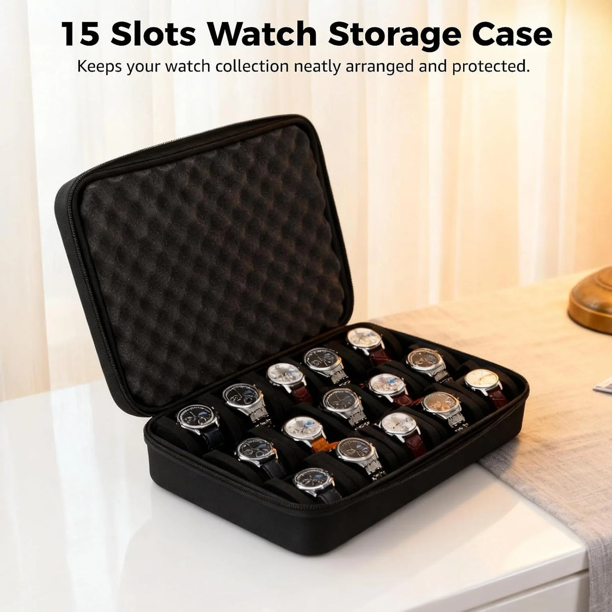 Portable 15-Slot Watch Storage Case with Hard PVC Shell and Soft Sponge Cushions
