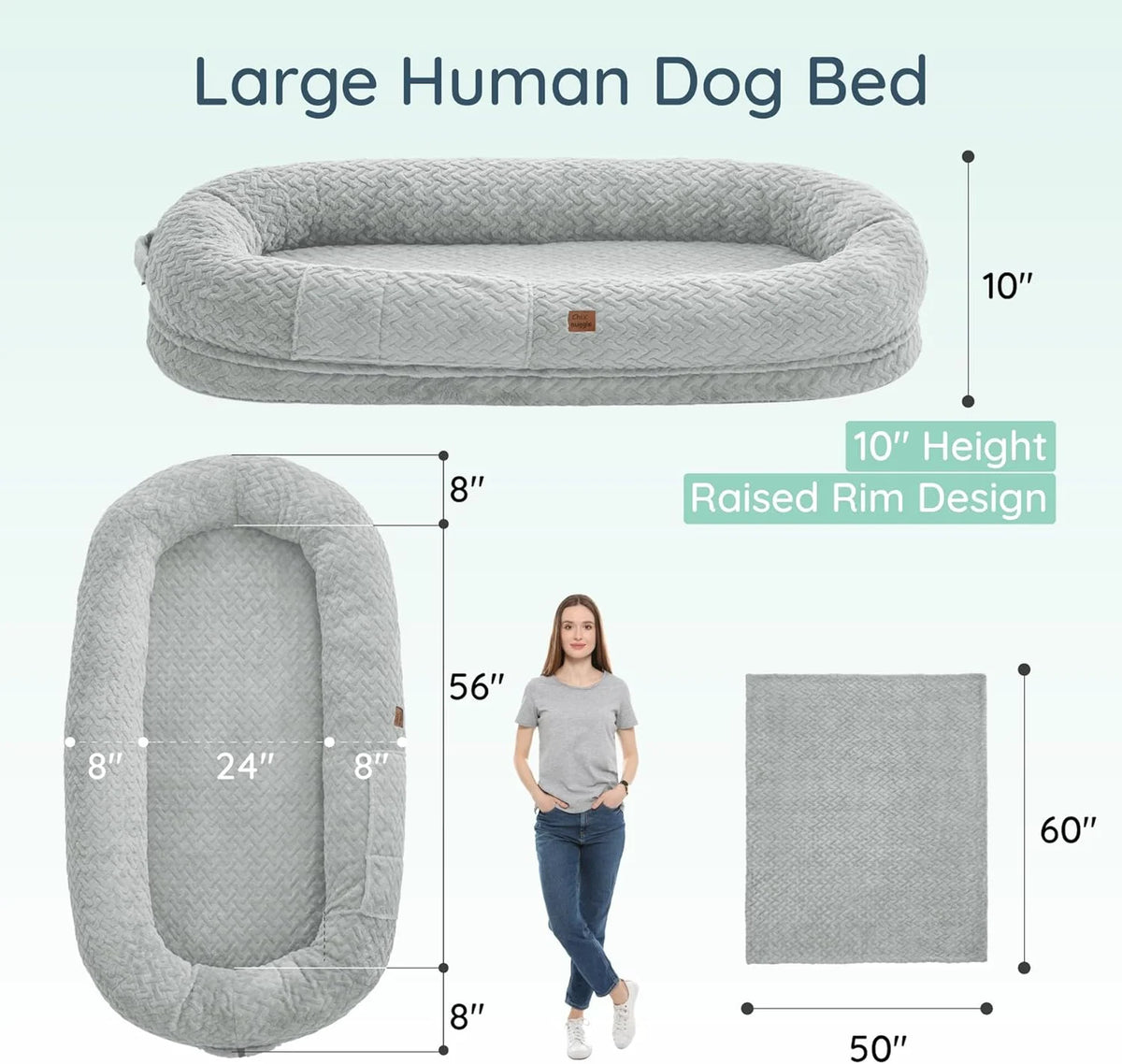 Human Dog Bed for Adult - Luxury Faux Fur Giant Size Dog Bed with Portable Handle, Egg Orthopedic Foam with Blanket, Light Grey