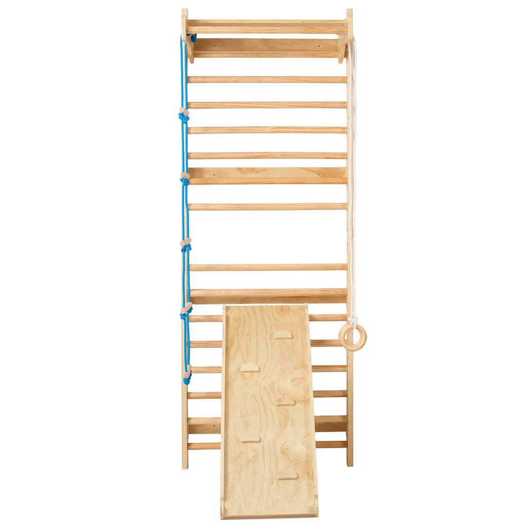 Swedish Ladder Wall Gym, 5 in 1 Wooden Indoor Playground Climbing Toys, 220 Lbs Load Capacity Swedish Wall Ladder with Pull-Up Bar, Gymnastic Rings, Wall Ladder, Rope Ladder, and Slide Board