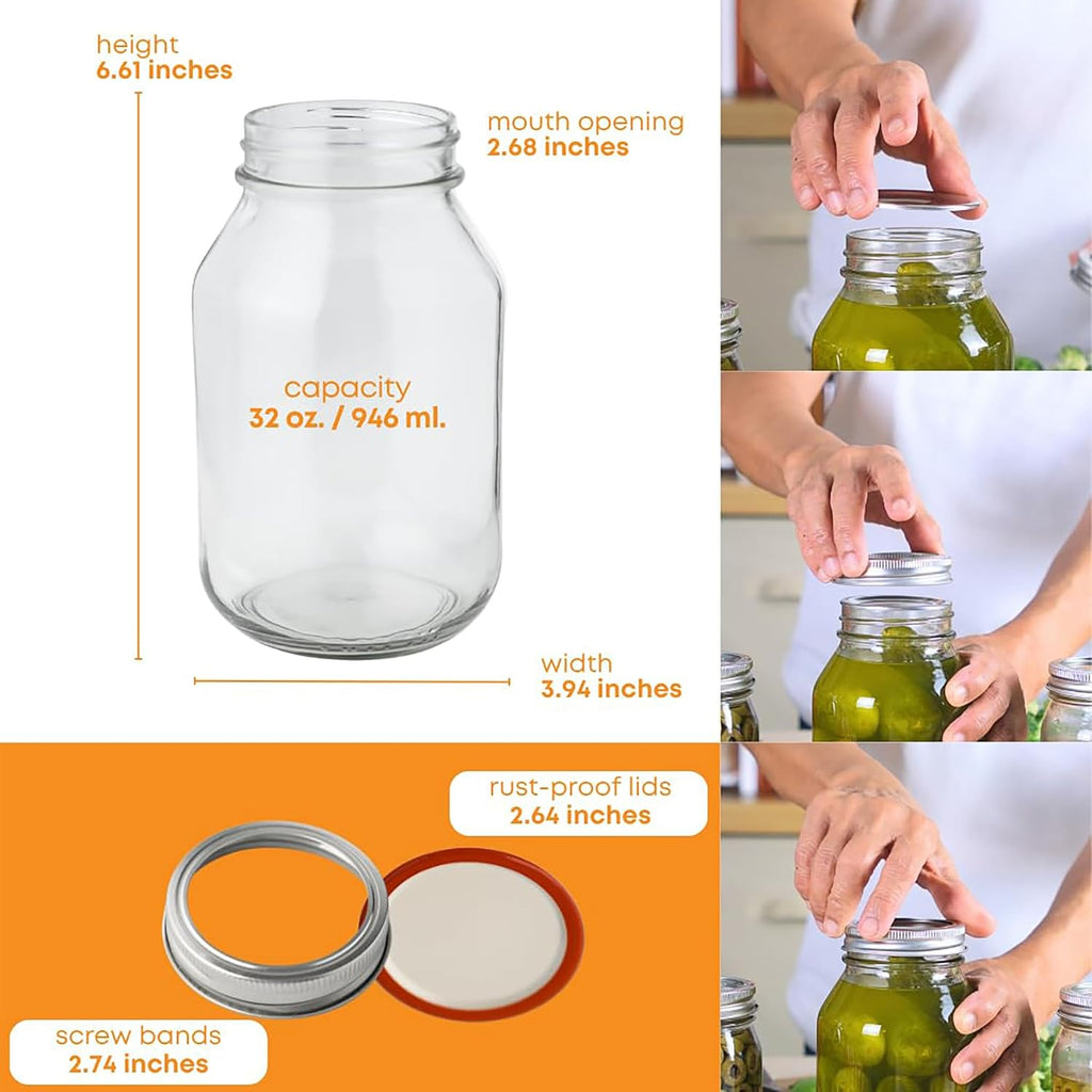 32 Oz Regular Mouth Mason Jars with Lids – Pack of 12 Quart Canning Jars for Food Storage, Pickling, Fermentation, Crafts – Reusable Airtight Large Glass Mason Jar with 1 Black Cap Gripper