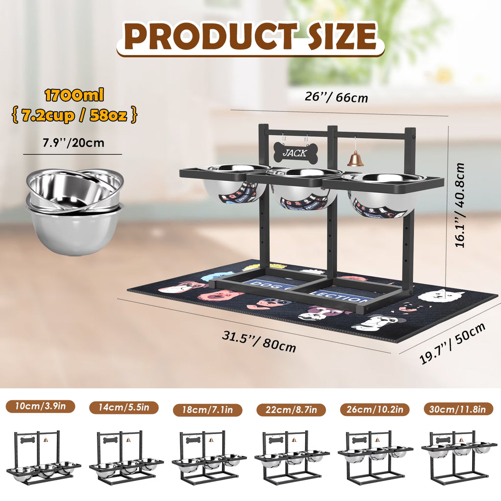 6 Height Adjustable Dog Bowl Stand with Three 1.7L Stainless Steel Bowl, 1 Slow Feeder and Nonslip Pad, Perfect for Large Dogs and Multi-Pet Households