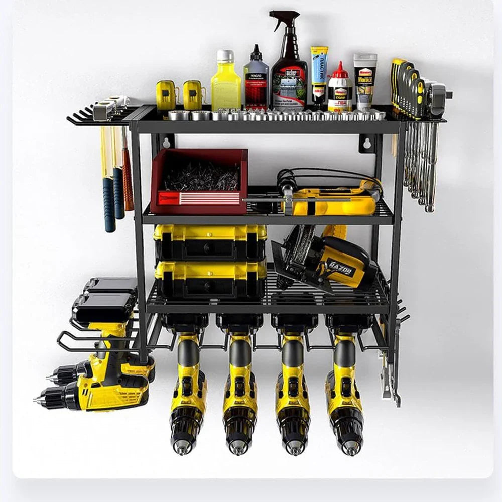 Power Tool Organizer 4 Layer Wall Mounted Storage Rack with Hooks Heavy-Duty Drill Holder Garage Tools Storage Rack for Workshop