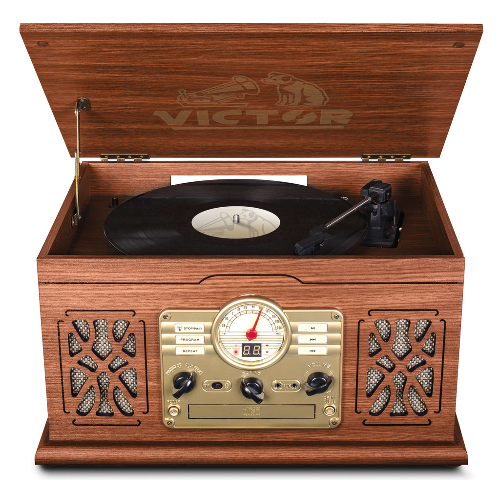 Victor State 7-In-1 Wood Music Center with 3-Speed Turntable and Dual Bluetooth