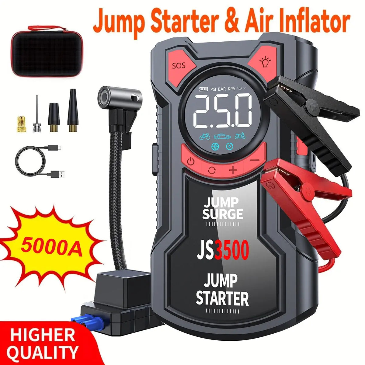 5-In-1 Multifunctional Air Pump Jump Starter with Air Compressor 3000A Peak/150Psi Battery Jump Starter Digital Tire Inflator