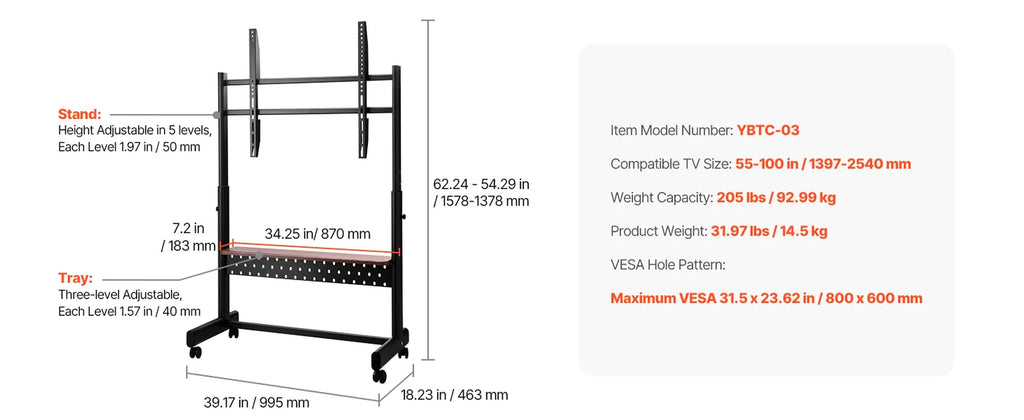 Succebuy Rolling TV Stand Mobile TV Cart Suit for Various Sizes TV Portable TV Stand with Wheels for Living Room Bedroom Office