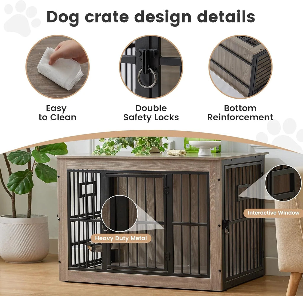 Heavy Duty Dog Crate Furniture for Puppy/Small Dogs, Decorative Pet House End Table with 3 Doors, Wooden Cage Kennel Furniture Indoor, Rustic Grey - without Bowls