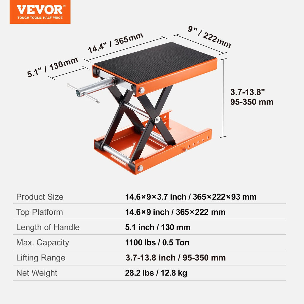 VEVOR Motorcycle Lift, 1100 LBS Motorcycle Scissor Lift Jack with Wide Deck & Safety Pin, 3.7-13.8 Center Hoist Crank Stand, Steel Scissor Jack for Street Bikes, Cruiser Bikes, Touring Motorcycles