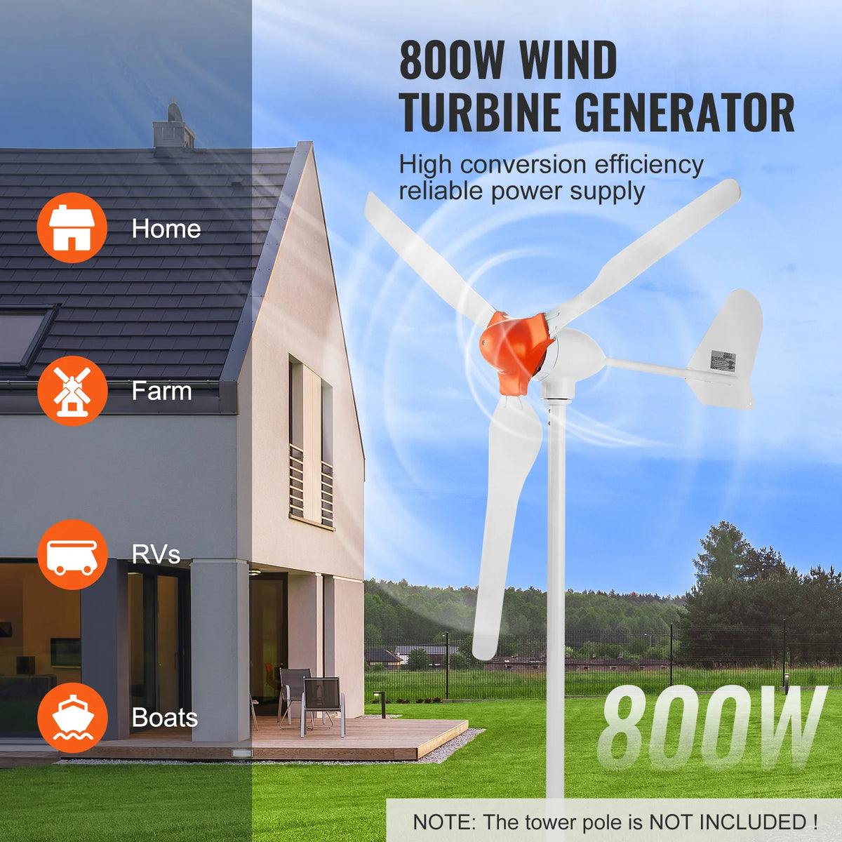 800W Wind Turbine Generator, 12V Wind Turbine Kit, 3-Blade Wind Power Generator with MPPT Controller, Adjustable Windward Direction & 2.5M/S Start Wind Speed, Suitable for Home, Farm, Rvs, Boats
