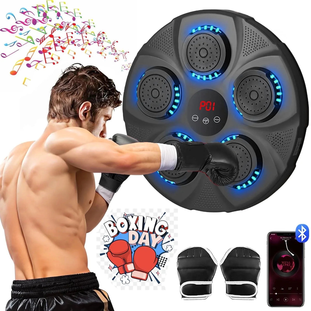 New Smart Music Boxing Machine with Boxing Gloves, Wall Mounted Smart Bluetooth Music Boxing Trainer with LED, Electronic Boxing Target Workout Punching Equipment for Home, Indoor, Gym